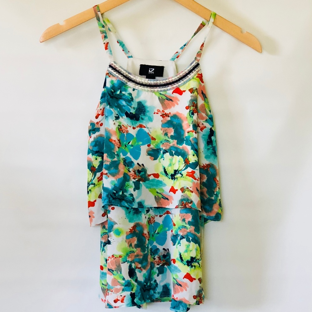 IZ Byer Layered Beaded Watercolor Halter Top